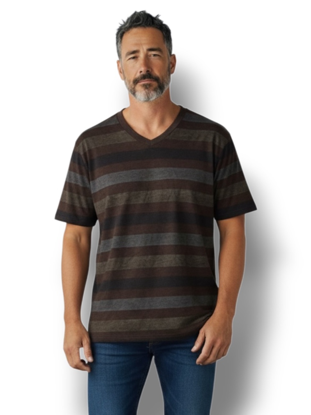 OP Mens Short Sleeve V Neck Tee Shirt Horizontal Stripes Brown/Gray/Black 2XL